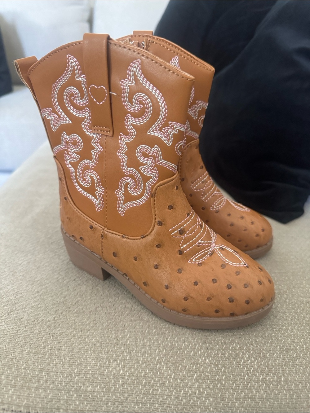 Girls Tan Western Cowboy Boots with White Stitching